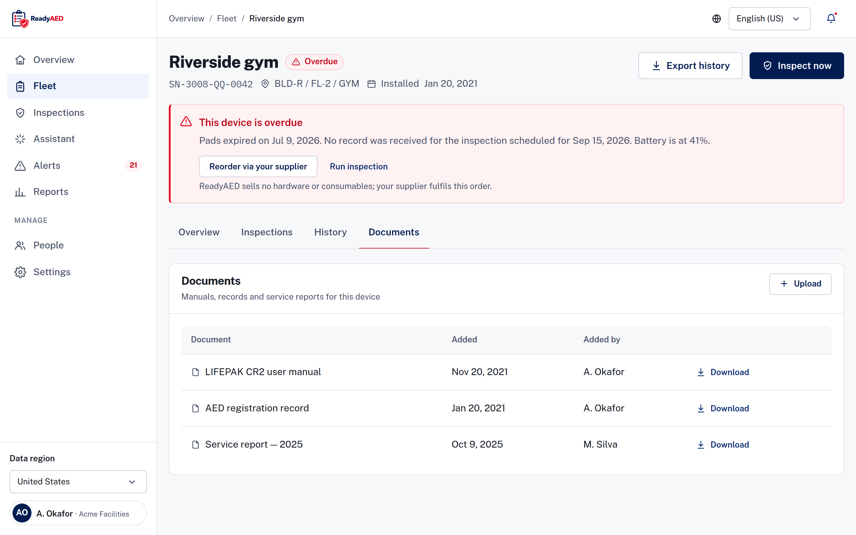 Device record with the Documents tab open, listing a user manual, an AED registration record and a service report. Sample data.