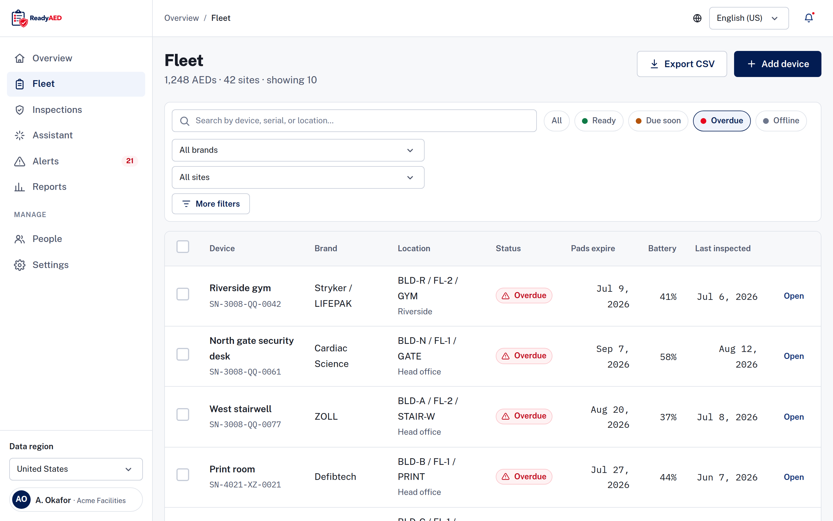 Fleet register filtered to Overdue, showing rows with pads expiry dates, battery readings and last inspection dates. Sample data.