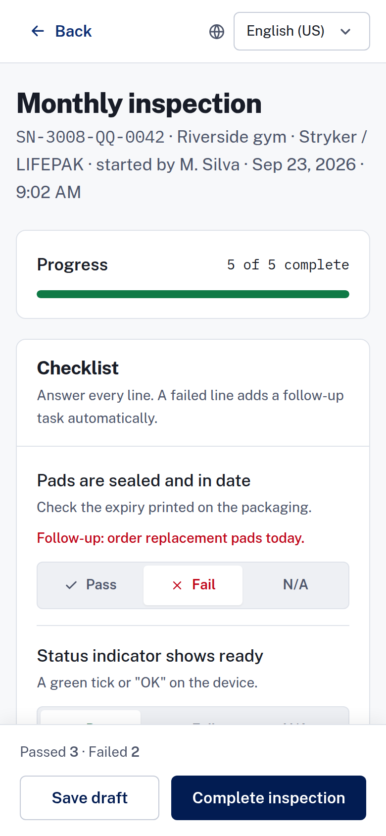 Phone inspection screen for a monthly inspection: the pads line is marked Fail and a follow-up task to order replacement pads. Sample data.