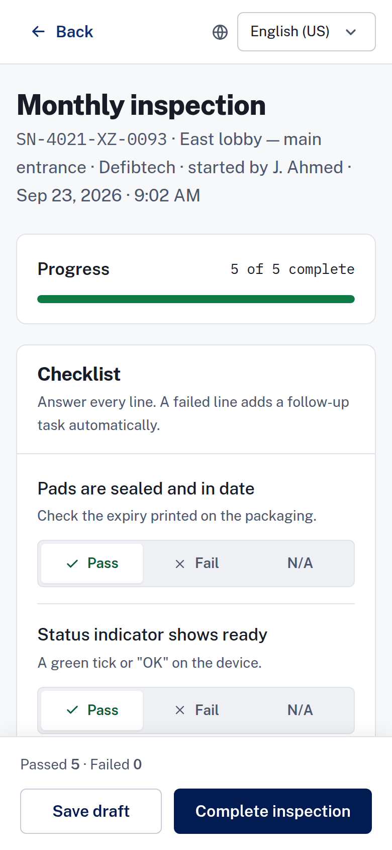 Inspection on a phone with all five checklist lines answered Pass, the counts Passed 5 · Failed 0, and Save draft and Complete inspection still available (sample data).