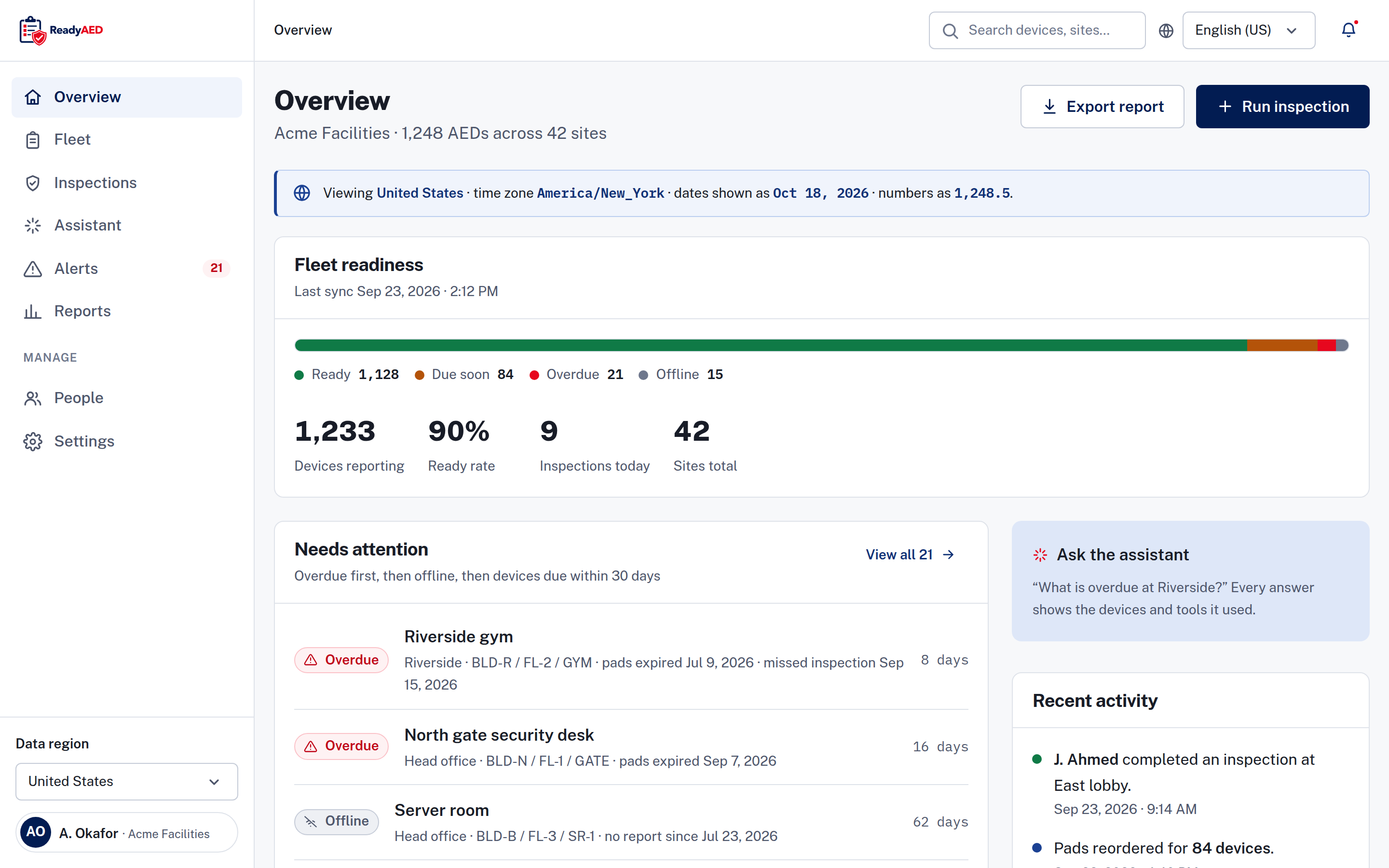 Fleet overview with a readiness meter, a needs attention list and a recent activity feed, showing sample data.
