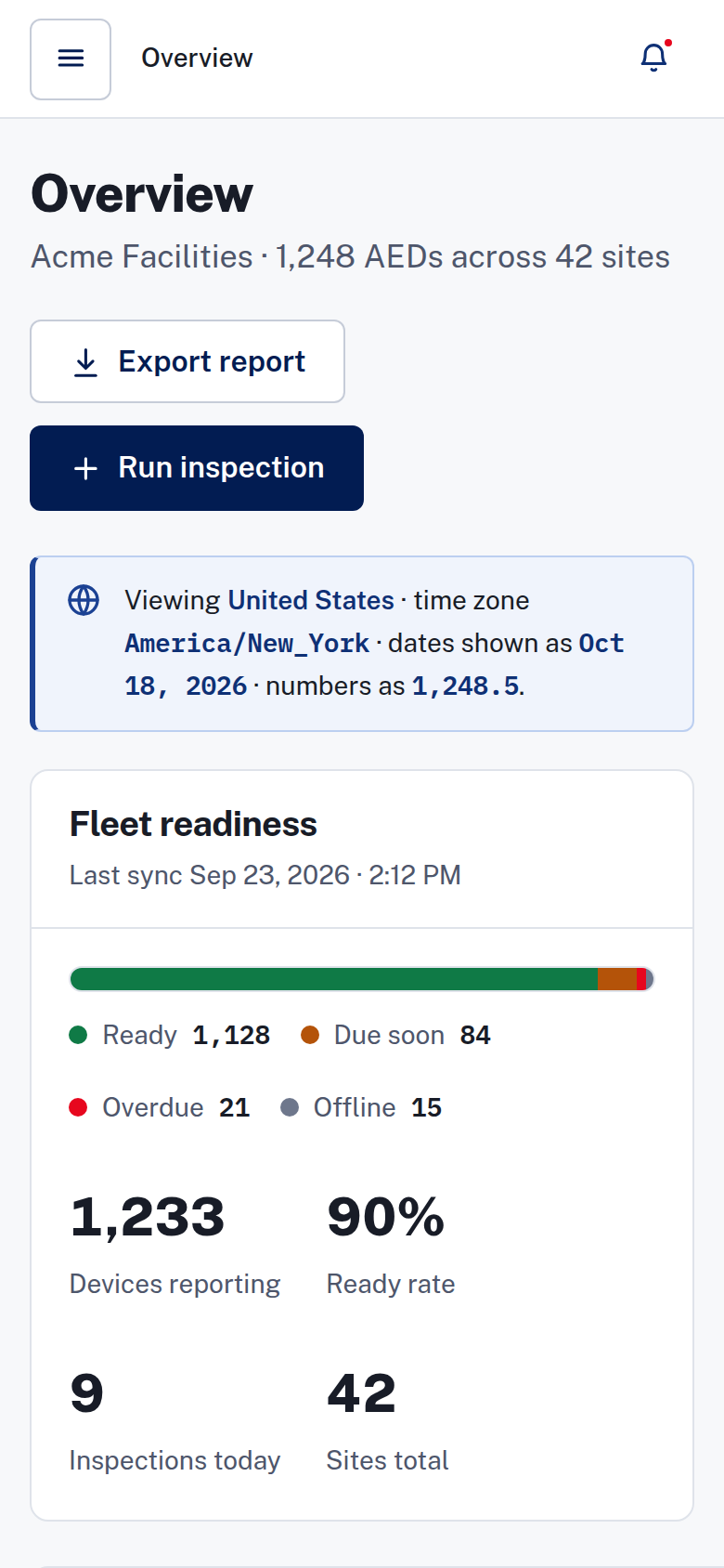 Readiness dashboard on a phone with sample data: the readiness meter and the summary numbers.