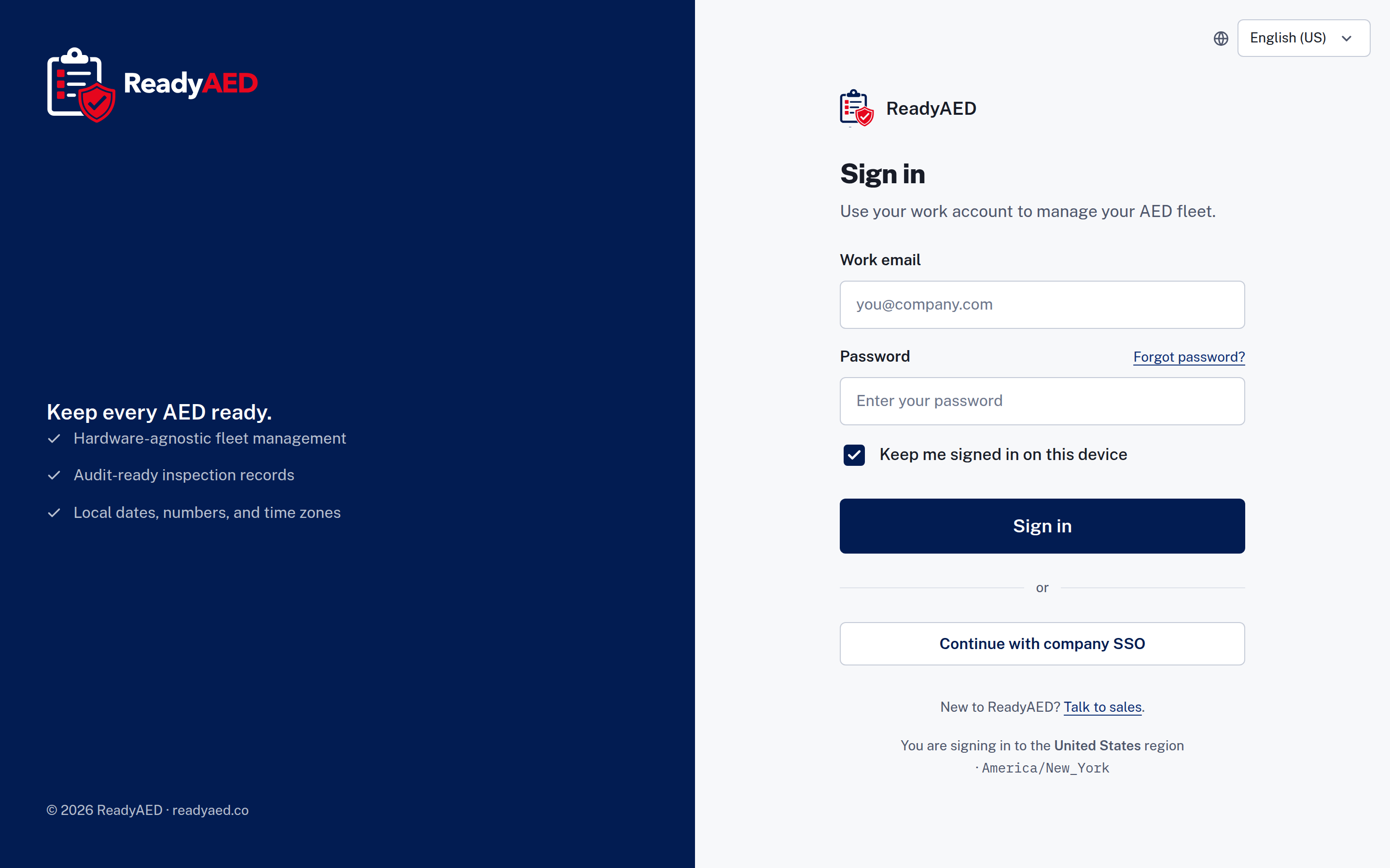 The sign-in screen: work email and password fields, a forgot-password link and a Continue with company SSO button.